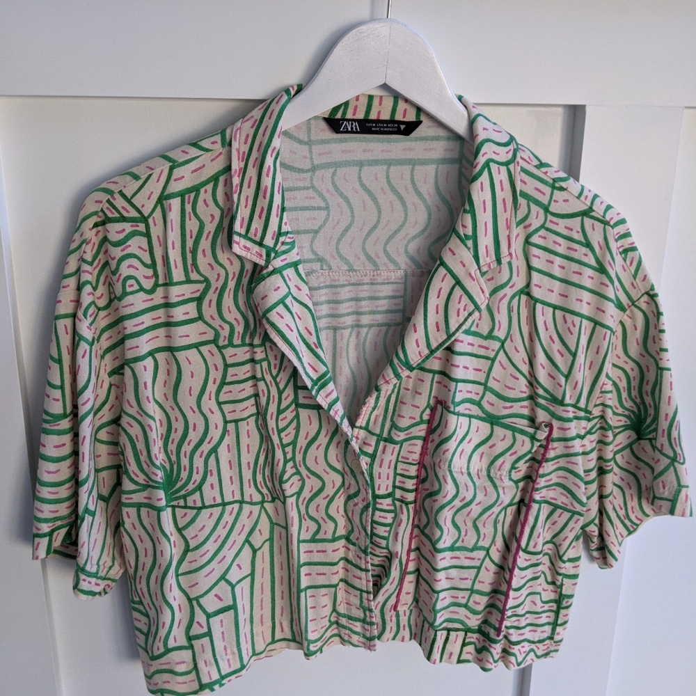 Zara artsy button down crop top linen blend